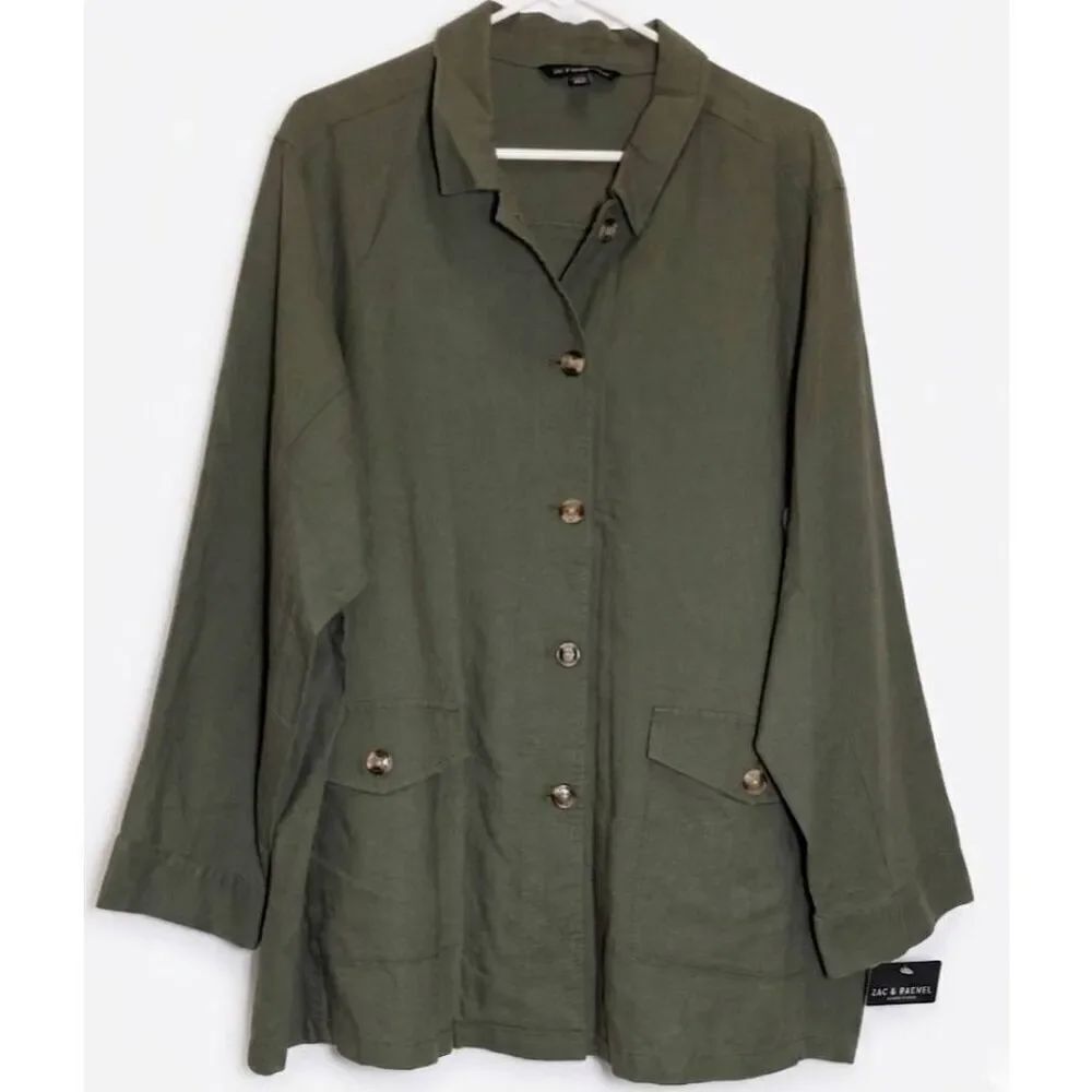 Zac Rachel womens plus size 2xl army green light jacket linen spring summer